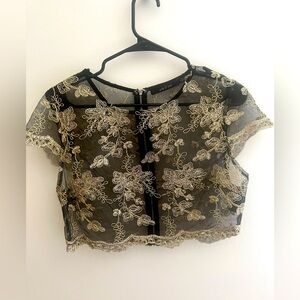 Ark & Co gold black lace embroidery sheet crop top shirt elegant zipper back